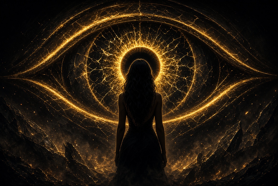 A woman in silhouette before a giant glowing golden eye — scene from the You Wrote Your Ending, Nick lyric video
