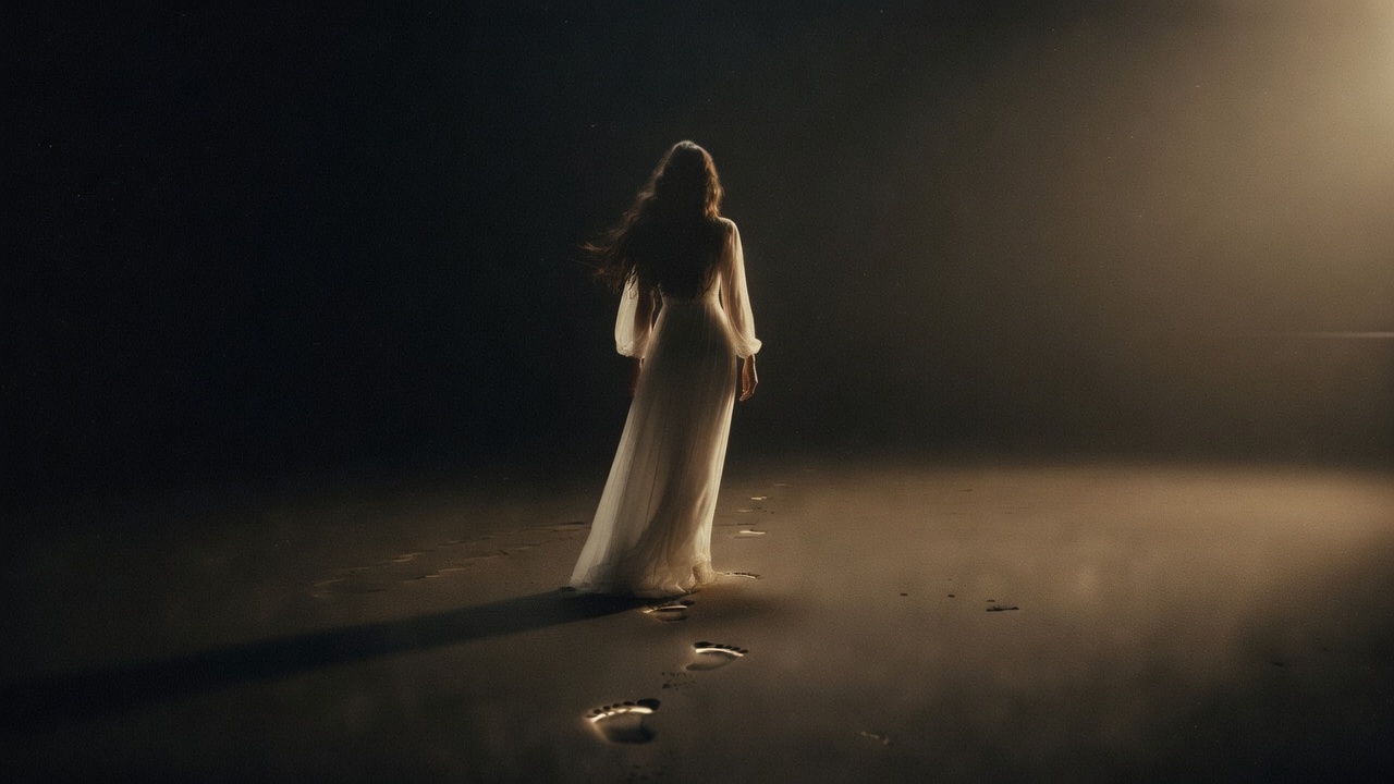 A woman in silhouette walking into the dark, leaving glowing footprints — opening scene of the Through Angela’s Eye lyric video