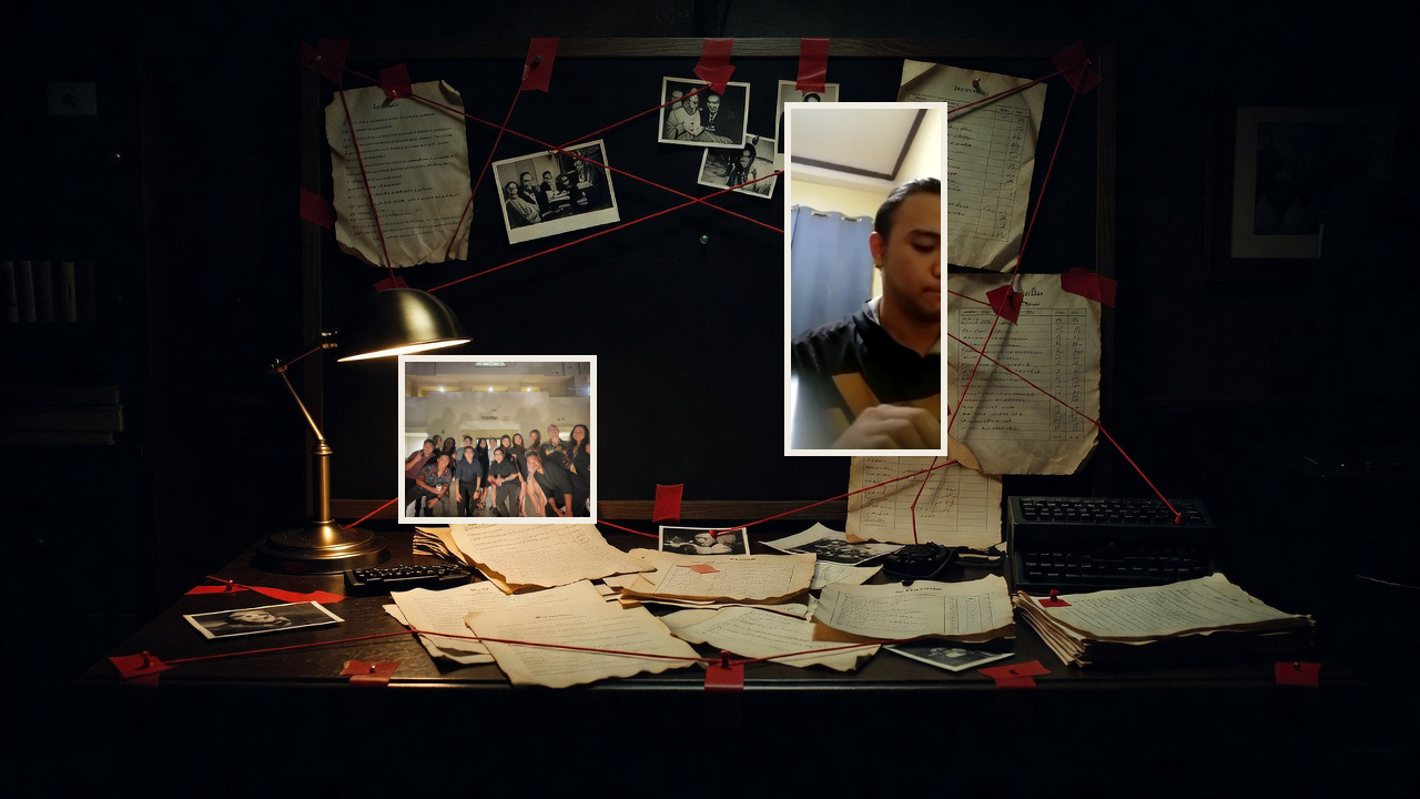 An evidence board covered in red string, contracts and pinned photographs — the Verse II scene of the They Tried Again lyric video